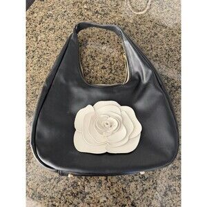 Isabelle Handbags Amabel Flower Applique Black Slouchy Hobo Bag - Vegan Leather